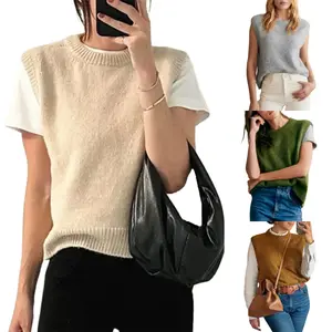 Women Cute Sweater Vest Solid Color Warm Knit Tank Tops Sleeveless Pullover Knitwear for Streetwear
