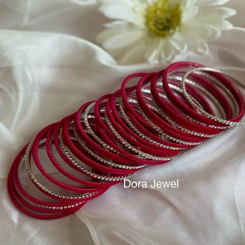 Dora Jewel Velvet and Stone Bangles for Eid, Party, Puja. Red and Silver Tone Elegant bangles set
