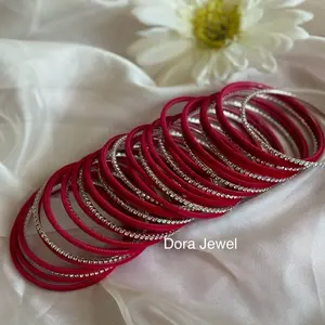 Dora Jewel Velvet and Stone Bangles for Eid, Party, Puja. Red and Silver Tone Elegant bangles set