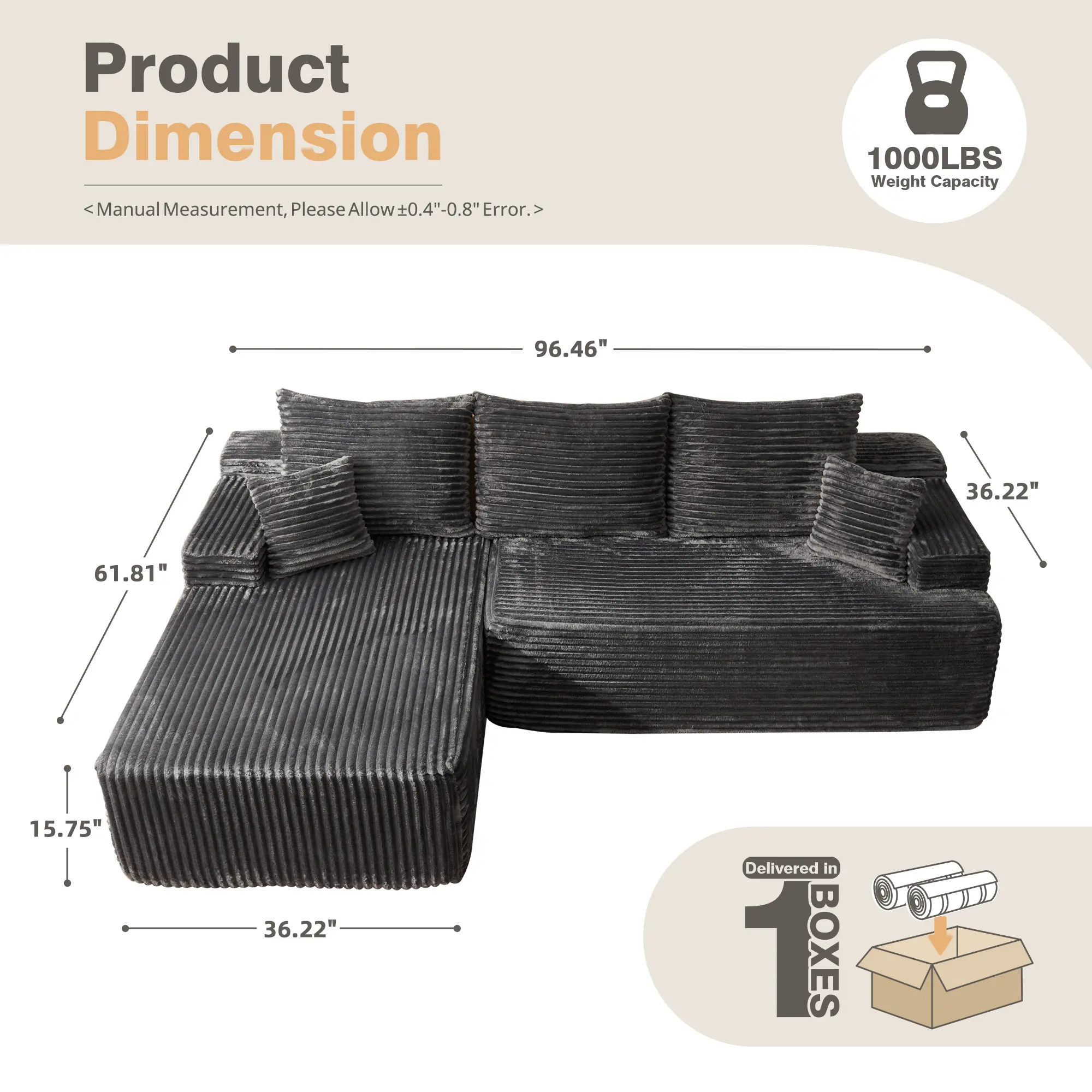 96" Grey Plush | Left Chaise NO Ottoman
