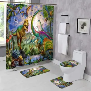 4 count Dinosaur Shower Curtain Sets with Rugs Jungle Safari Bathroom Set Dino Forest  Bath Bathtub Decor Durable Curtains Mats for Bathroom 72 x 72 Inch