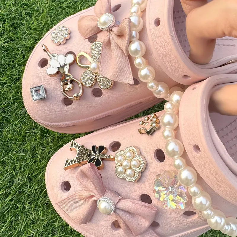 Cute Bowknot & Flower Design Faux Pearl Decor Clogs Charms, 12pcs/set Tower & Crown Design Shoes Charms, Shoes Accessories for Clogs DIY for Women & Girls, Clog Shoe Decorations