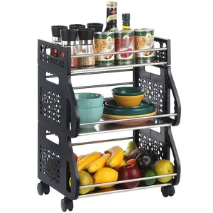 3 Tier Fruit and Vegetable Basket, Metal Fruit and Vegetable Storage Baskets with Rolling Wheels Cart, Rotating Storage Rack Cart for Potato Onion Bread Banana, Fruit Basket Organizer on Wheels, for Kitchen, Living Room