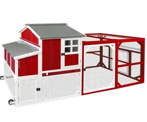 Chicken Coop Mobile Wooden Hen House with Nesting Box,95.3" L Outdoor Chicken House with Wheels and Removable Tray,Fir Wood Chicken Tractor with 6 Ventilation Door,Ramp(Red)
