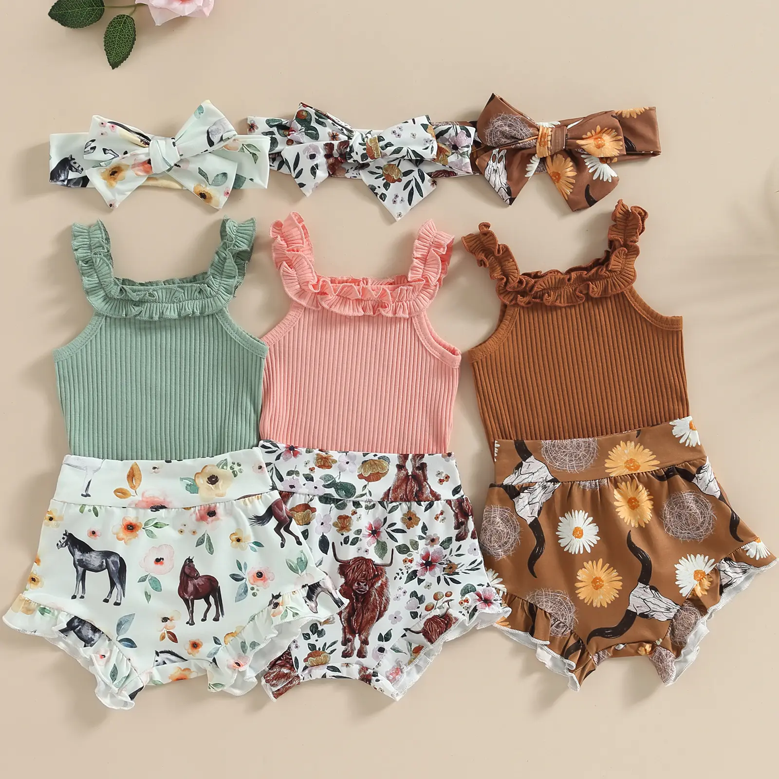 Newborn Infant Baby Girl Clothes Off Shoulder Romper Tops + Bull Print Short Pants + Headband 3pcs Outfits Set