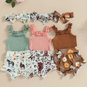 Newborn Infant Baby Girl Clothes Off Shoulder Romper Tops + Bull Print Short Pants + Headband 3pcs Outfits Set