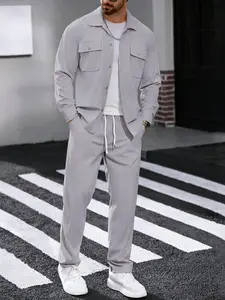 Men's two-piece solid color polo neck button with pockets coat and elastic drawstring waistband sport pants, regular version Fitted casual comfortable long sleeve top and, suitable for spring and autumn wear, men's daily clothing Menswear Jacket