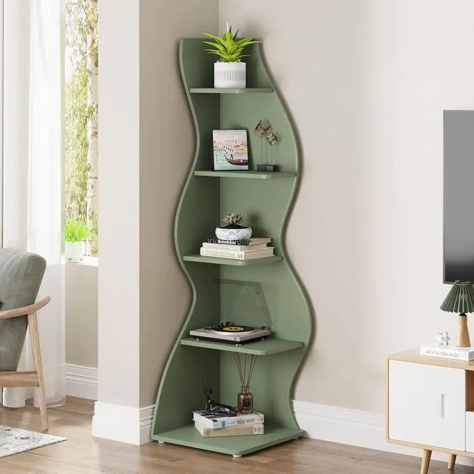Tribesigns Corner Shelf, Modern 5-Tier Wall Corner Bookshelf, Stylish Corner Small Bookcase Storage Rack Plant Stand with Unique Shape for Living Room, Home Office (Sage Green, 1PC)