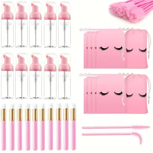 130pcs Lash Shampoo Kit - 10pcs Foam Pump Bottles 60ml, 10pcs Eyelash Shampoo Brushes, 10pcs Aftercare Bags, 100pcs Lash Brushes for Home & Salon Use, Unfragranced, Battery-Free