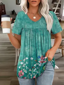 Plus Size Women's Floral Print V Neck Short Sleeve Top, Loose Fit Casual Shirt with Chest Ruching, Comfortable and Stylish Upperwear, Womenswear