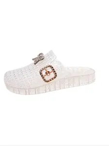 Luxury Sparkle Crystal Holes Sandals, Elegant Rhinestone Metal Bow Decor, Breathable Anti-Slip Soft Sole, Casual All-Season Footwear