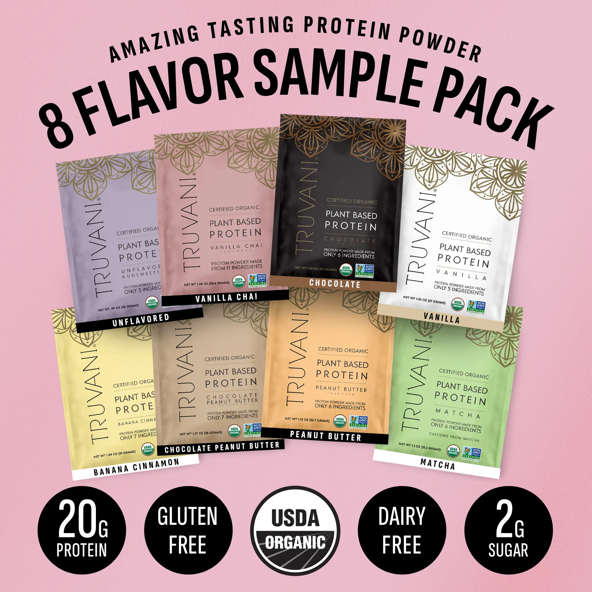 NEW! Truvani Plant Based Protein Sample Pack (4 or 8 Flavors) | Organic | Gluten Free