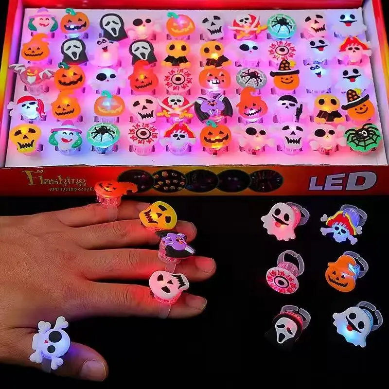 50PCS Halloween LED Light Up Rings – Pumpkin & Skull Party Favors, Spooky Glow Toys for Kids & Adults, Fun Gift Exchange & Party Decorations