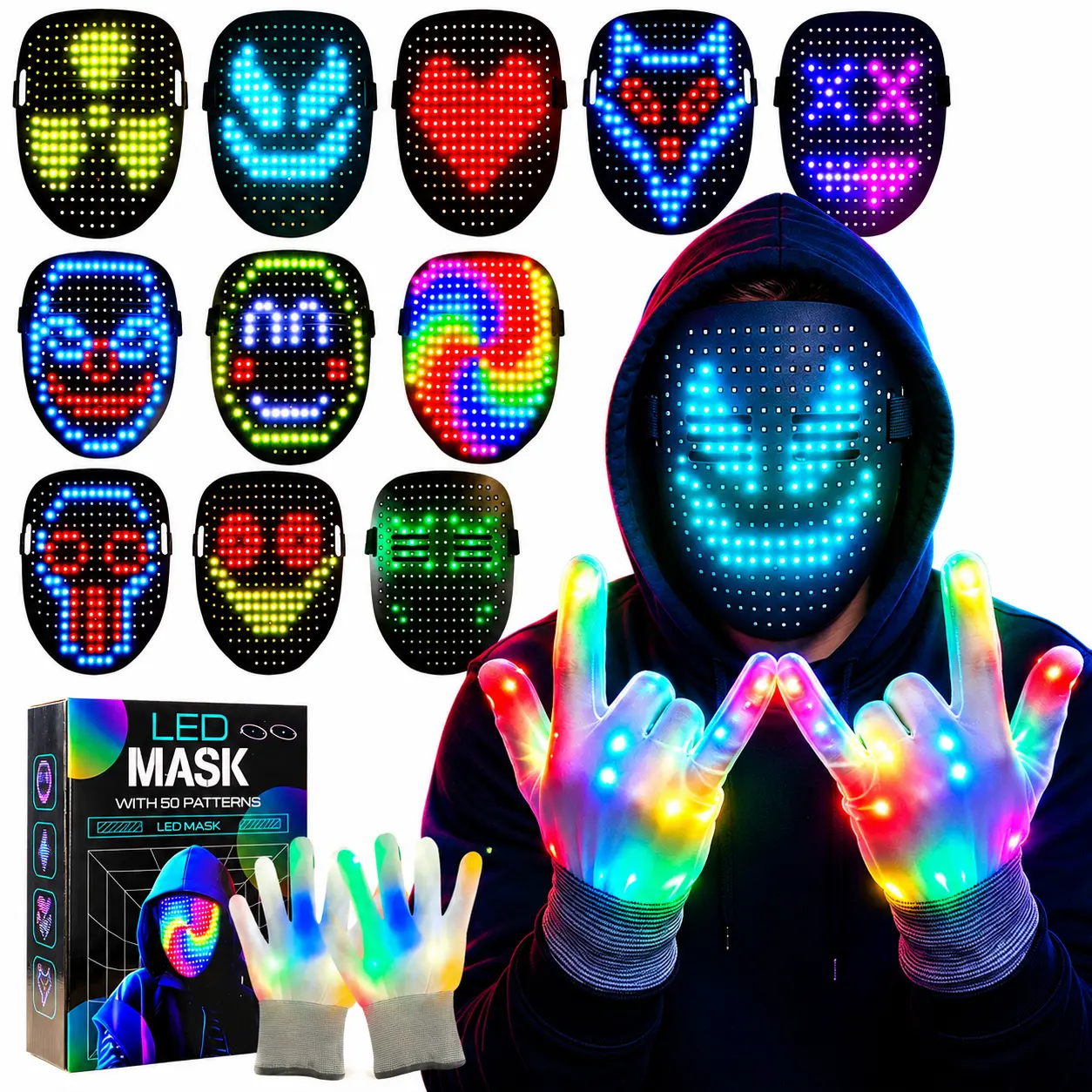 RGB LED Gesture Control Skull Mask & Gloves Set - Lightweight Glow in the Dark Cosplay Party Accessories with 50 Color-Changing Modes, Interactive Design, Battery Life, Gamer Teen Holiday Toy Gift