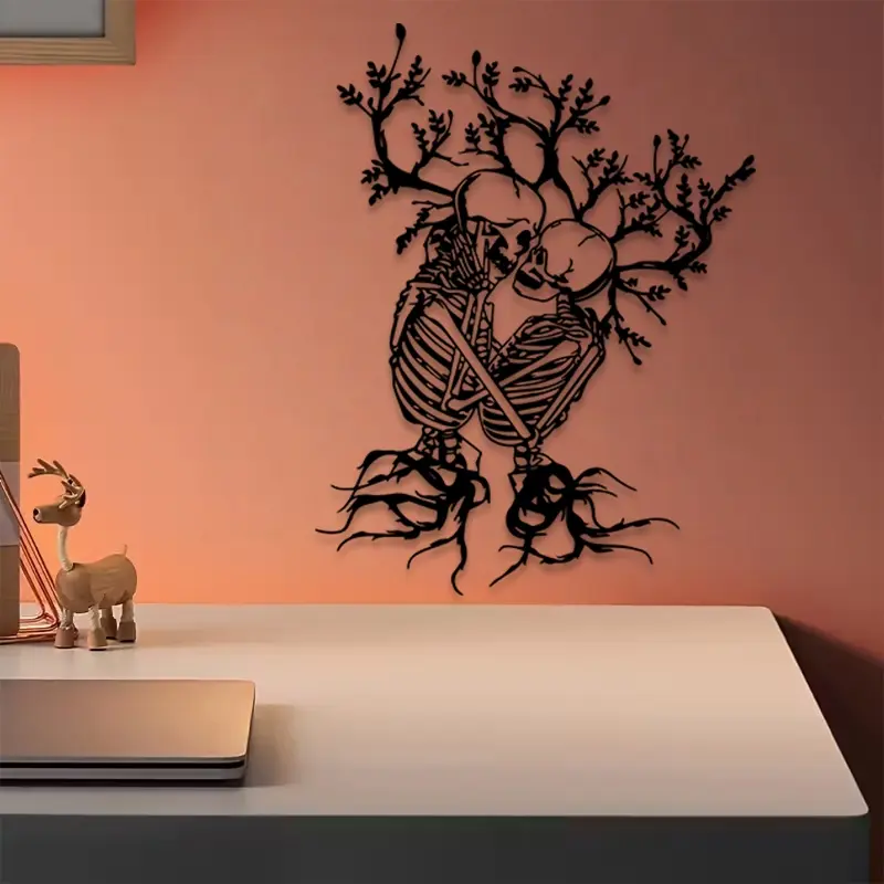 1pc Skeleton Couple Metal Wall Art, Art Work For Wall Decor, Skeleton Couple Statue Mural, Perfect for Living Room Wall, Gothic Decor, Decoration Items, Artistic, Ideal Gift for Halloween, Powder-Coated Metal