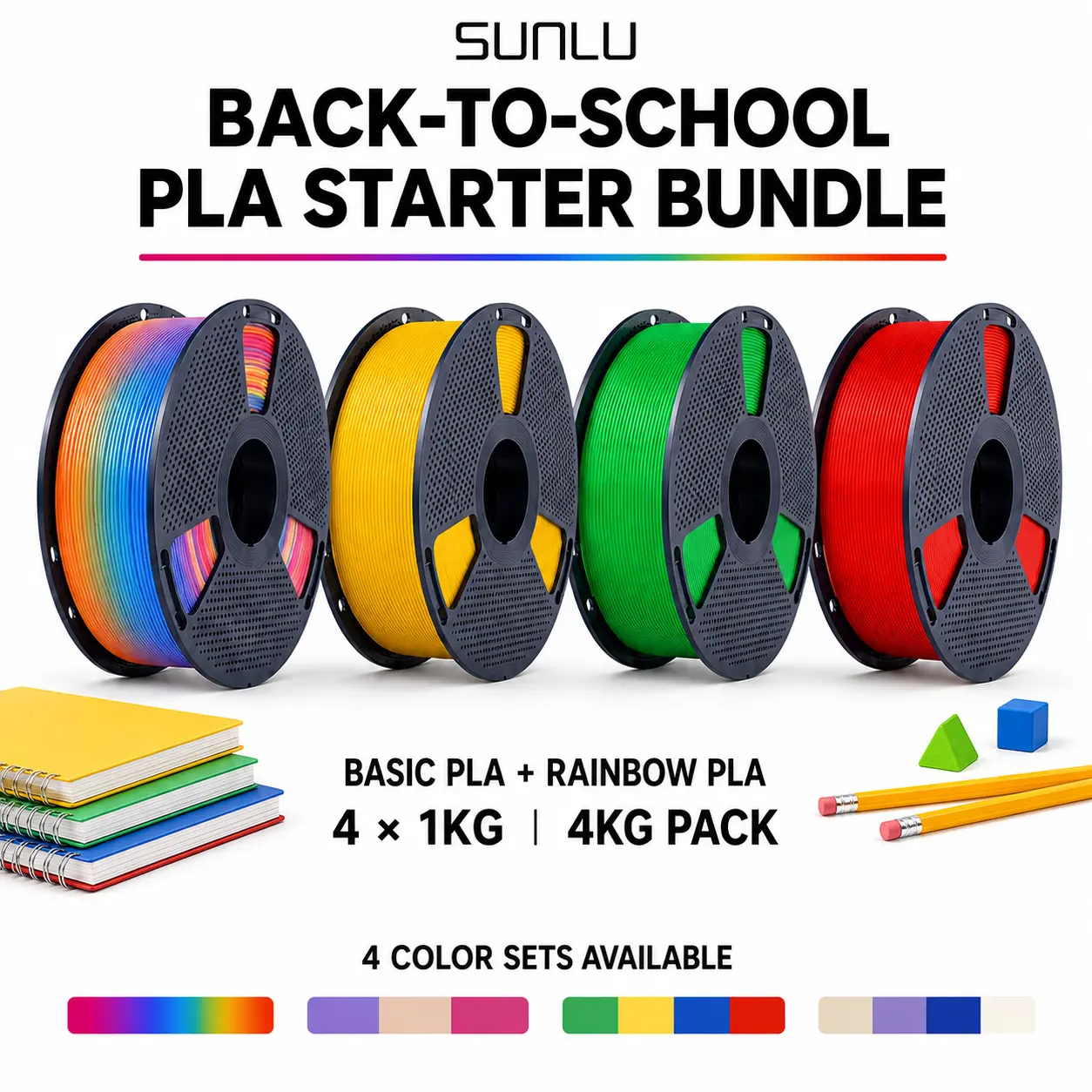 SUNLU Back-to-School PLA Starter Bundle – Basic PLA + Rainbow PLA, 4KG Pack Beginner & Pro Starter Bundle