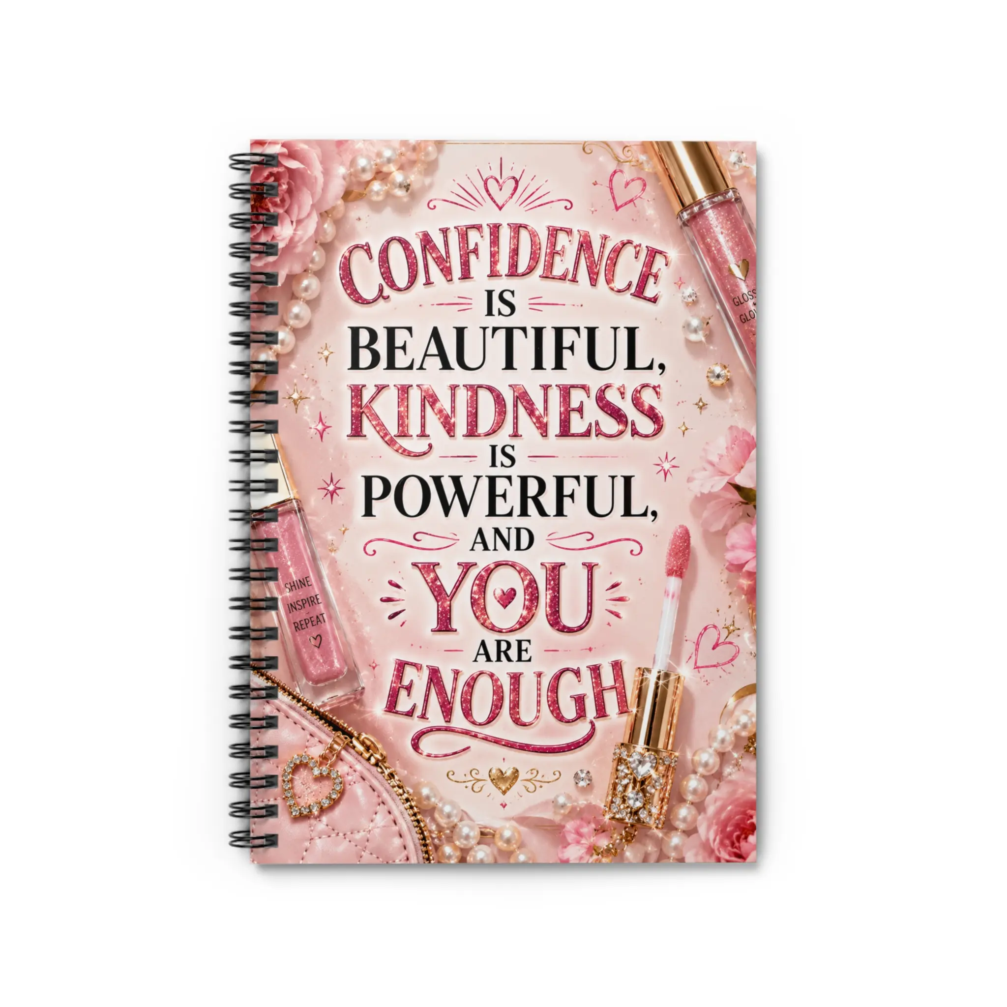 Creamy Feminine 6x8 Inches Metal Spiral Notebook with Glossy Front - Inspirational Quotes "Confidence is Beautiful", "Kindness is Powerful", "You Are Enough" - Office Stationery for Note-Taking
