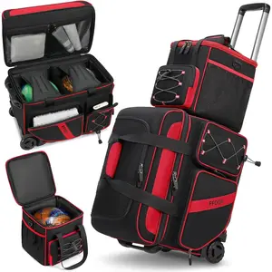3 Ball Rolling Bowling Bag, 2+1 Double Roller Bowling Ball Bag with Single Tote for Accessories, Multi-Pockets & Shoe Compartment Fits Up to Size 15