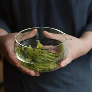 Textured glass Matcha bowl with inverted mouth - handmade Japanese Matcha Green Tea Ceremony Tea Bay 400ml 13.5oz large glass salad Congee juice bowl cup Drinkware