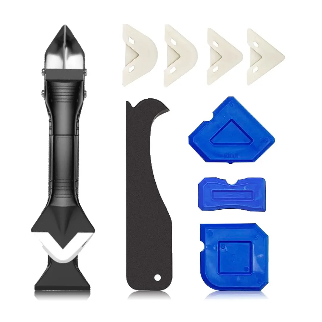 3-in-1 Silicone Caulking Tool with Stainless Steel Head, Sealant Finishing & Grout Scraper, Reusable with 4 Replaceable Silicone Pads, Caulk Removal Tool for Kitchen & Bathroom