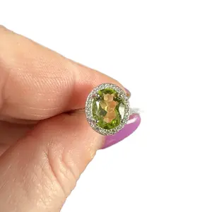 Oval Faceted Peridot and Moissanite S925 adjustable ring
