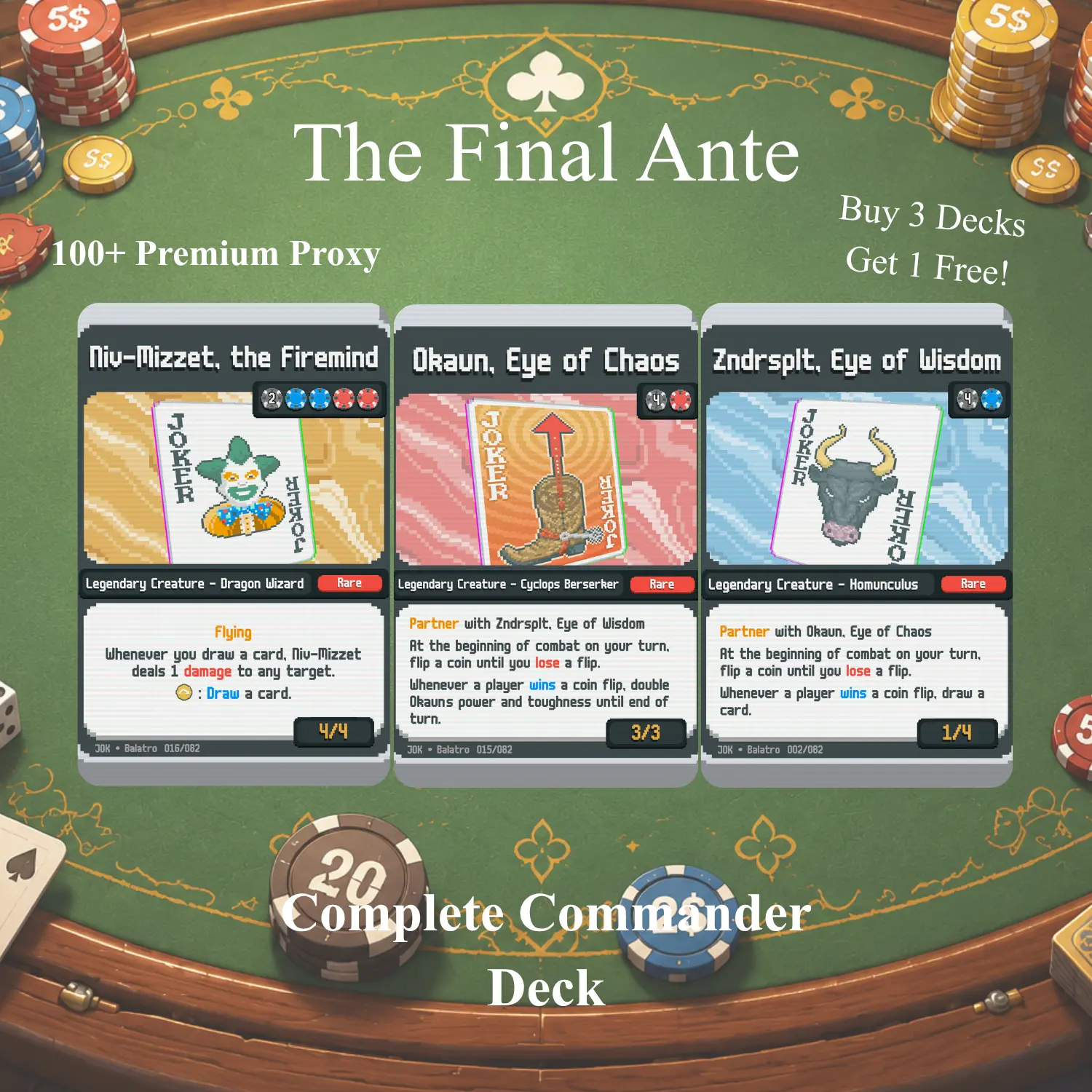 The Final Ante Commander Set Okaun and Zndrsplt 100 Card EDH Proxy Deck with Joker Art and Coin Flip Chaos