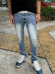 Men's blue slim-fit stretch Denim jeans, featuring 3D cat whisker fading for a natural vintage effect, American retro street casual pants, a versatile everyday style.