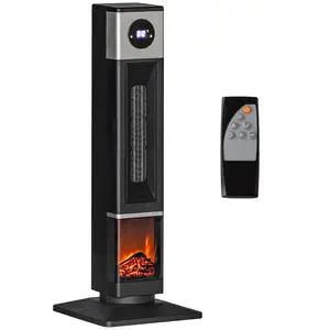 HOMCOM Space Heater for Indoor Use with Realistic Flame Effect, 1400W Oscillating Ceramic Portable Electric Heater with Adjustable Thermostat, Fast Heating, 12H Timer, 3 Heat Modes, Remote, Black