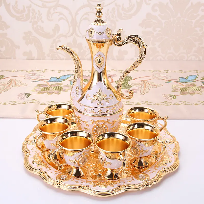 CNCEST 8.45oz Zinc Alloy Antique Die-Cast Gourmet Miniature Cup Tea Set - Small Dragon Handle Pot, 6 Tiny Cups, Press-Open Anti-Break Lid, Floral Motif, Serving Use, Wedding Gift (Gift Box Included), Cup Tea Sets