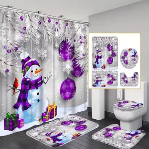 1/4pc Winter Christmas Theme Purple Snowman Pattern Shower Curtain Set, includes shower curtain, toilet seat cover, rectangular mat, U-shaped mat. Perfect for bathroom décor, Bathroom Decoration Accessories. Comes with 12 shower curtain hooks