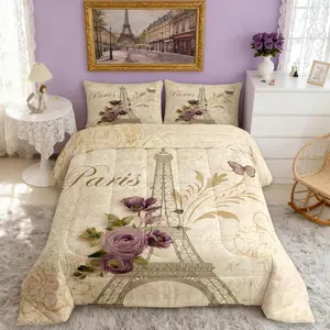 Eiffel Tower Comforter Set,Purple Rose Bedding Set for Adults Teens,Children Romantic Paris Comforter Luxury Retro Style Quilt Set,Room Decor
