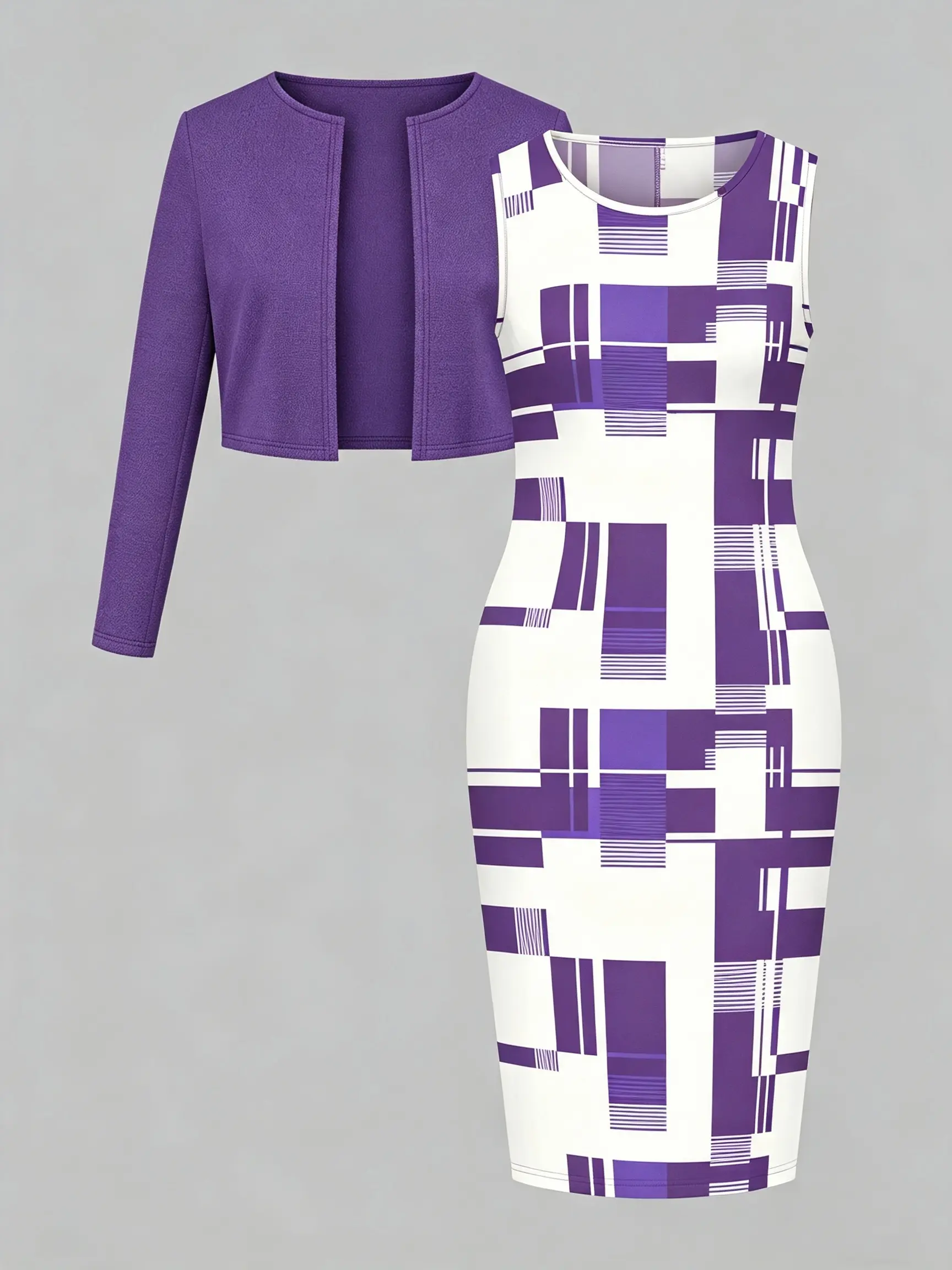 Women’s purple crew-neck cropped cardigan + vintage purple-and-white color-block print sleeveless bodycon dress two-piece set, professional and elegant outfit