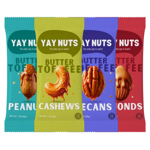 Yay Nuts 4-Flavor Sampler Pack - Nut Mix (Peanuts & Salt, Almonds, Cashews, Pecans), Mixed Nuts, Protein-Packed, Ready-to-Eat Food and Snacks for All Ages, Tailgate Snacks