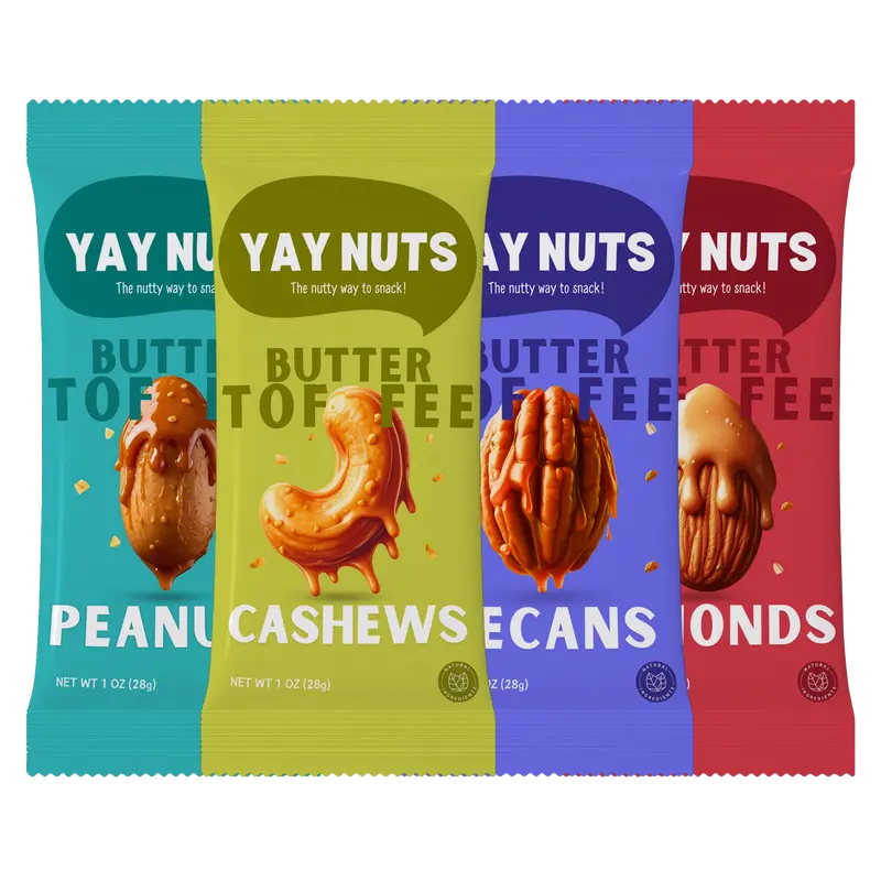 Yay Nuts 4-Flavor Sampler Pack - Nut Mix (Peanuts & Salt, Almonds, Cashews, Pecans), Mixed Nuts, Protein-Packed, Ready-to-Eat Food and Snacks for All Ages, Tailgate Snacks