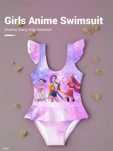 Dreamy Starry Sky Kids One-Piece Swimsuit, Anime Inspired Ruffle Girls Swimwear, Cute Fitted Design, All over Random Print, Swimwear Ruffle Detailing