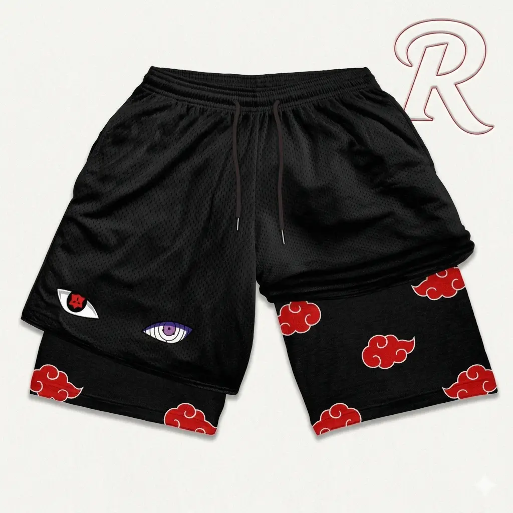 Anime S-Sasuke R-Rinnegan Men's 2-in-1 Running Shorts - Akatsuki Cloud Bilayer Quick-Dry Gym Athletic Workout Clothing, Summer Holiday Gifts