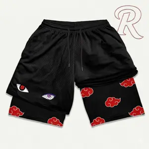 Anime S-Sasuke R-Rinnegan Men's 2-in-1 Running Shorts - Akatsuki Cloud Bilayer Quick-Dry Gym Athletic Workout Clothing, Summer Holiday Gifts