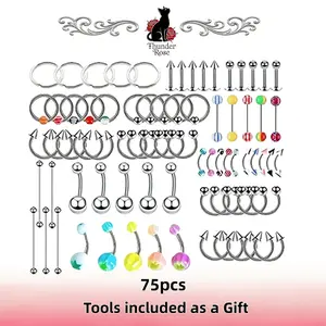 Assorted Piercing Jewelry Pack, horseshoe nose rings ,75 Pieces of Stainless Steel Curved & Straight Barbells, Durable Stainless Steel Accessories with Colorful Acrylic Piercing Jewelry for Multiple Piercing Locations