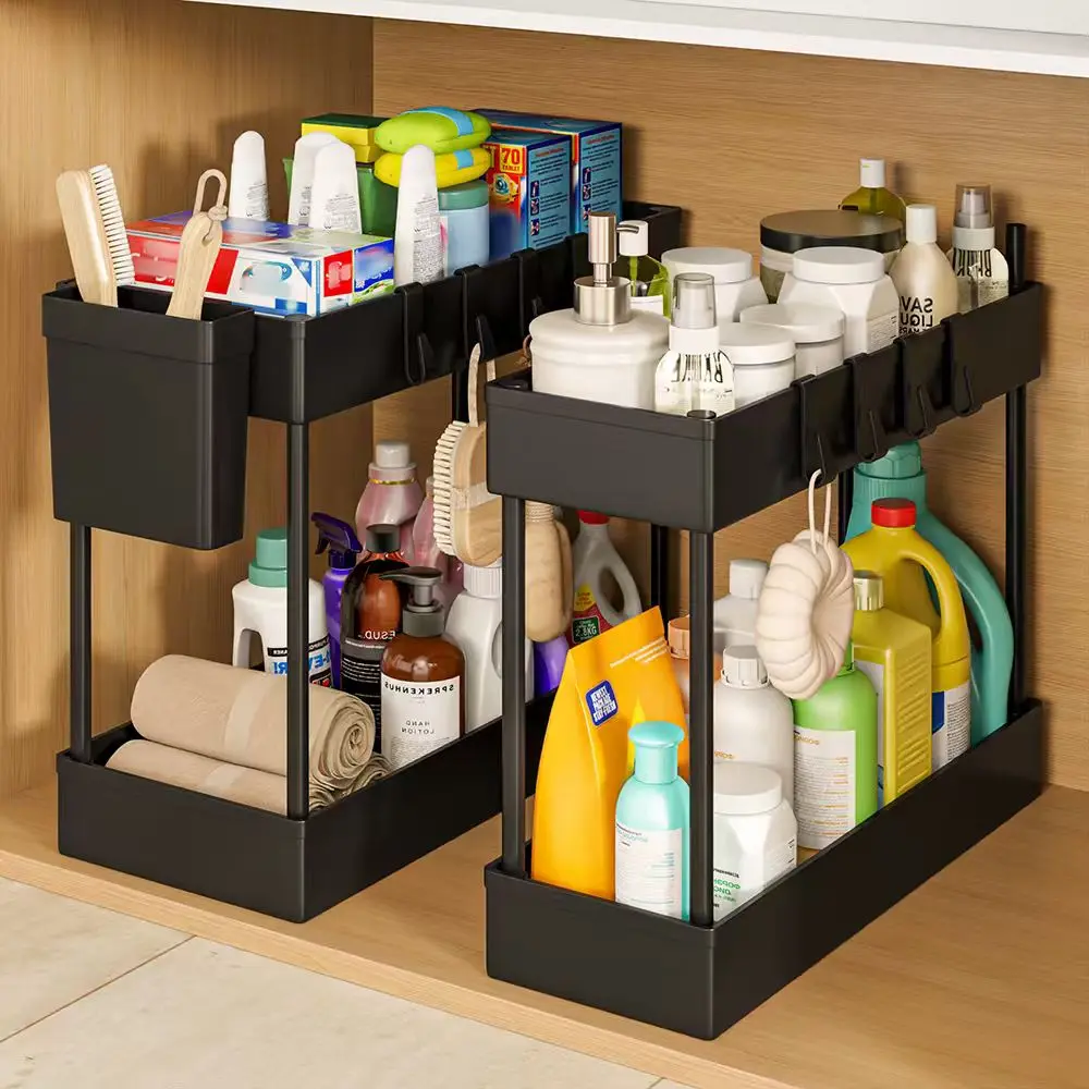 [NATURAL SUMMERTIME] Under Sink Organizer 2 Pack, Under Sink Organizers And Storage, Double-tier Sliding Storage Basket, Kitchen Accessories, Kitchen Storage Solutions, Bathroom Organizers And Storage
