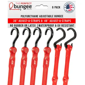 THE PERFECT BUNGEE - Adjust A Strap Combo 6PK, Heavy Duty Polyurethane Adjustable Bungee Straps. IT'S NOT RUBBER! All Weather. All Temp. UV STABLE. 2x STRETCH. NO BUNGEE BLOW OUT. MADE IN USA. Includes 4x 36" and 2x 48" Heavy Duty Adjustable Bungee Straps
