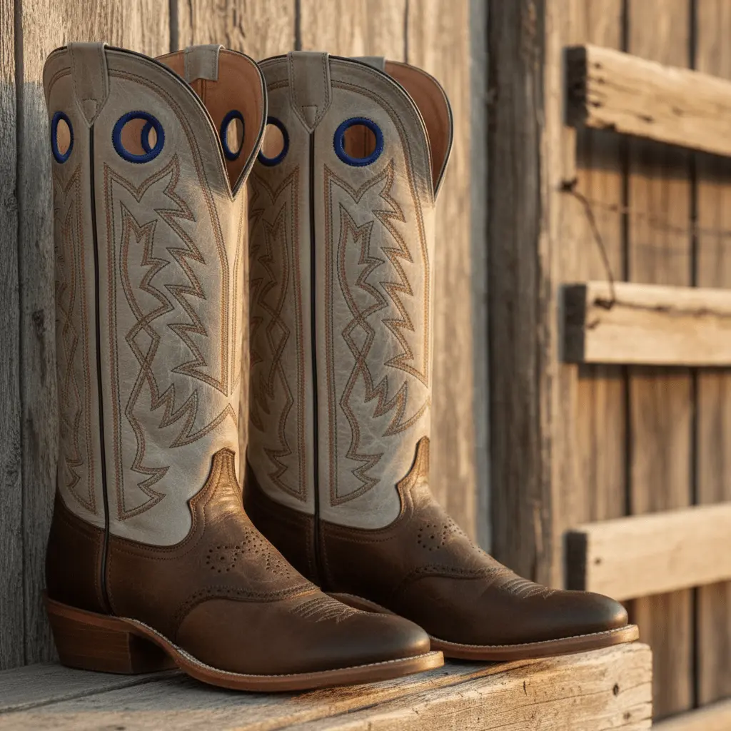 Tony Lama Men’s Classic Leather Henley Buckaroo Cowboy Boots - Style SA2002, Stout Brown/Grey, Rubber Sole, Men’s Shoe, Footwear, Cowhide, Western Heel, Design, Distressed, Brogued Toe, 15" Shaft, Full Welt