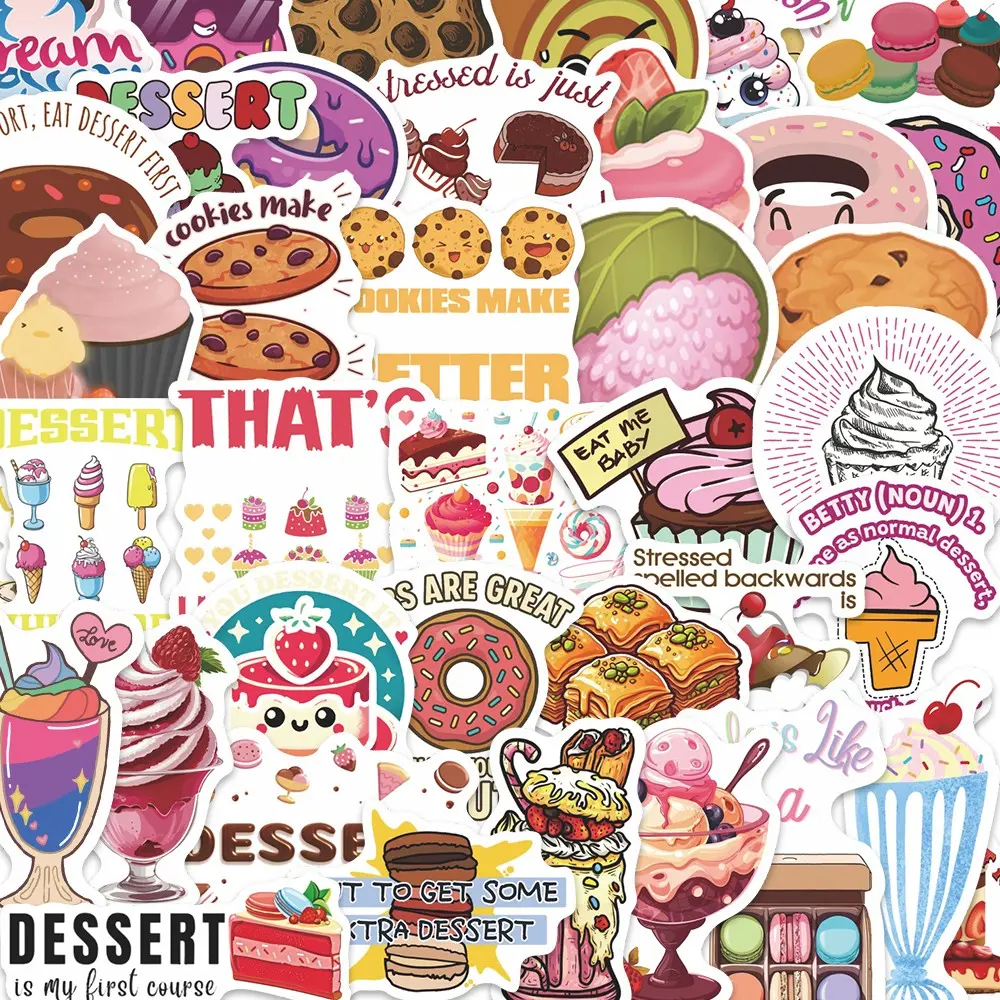 50pcs Cute Dessert Stickers Pack, Waterproof Sweet Treat Cartoon Cake & Donut Decals for Laptop, Water Bottle, Journal & Scrapbook, Dessert Lover Gift