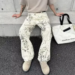 2000S Clothes Y2K Fashion White Leopard Baggy New Jeans Pants For Men Luxury Designer Casual Long Trousers Ropa De Hombre