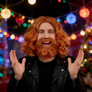 Natural Wig + Beard Combo, Halloween Party Stage Performance Costume, Realistic Hair Replacement System, Comfortable & Stylish Design, Wavy Wigs