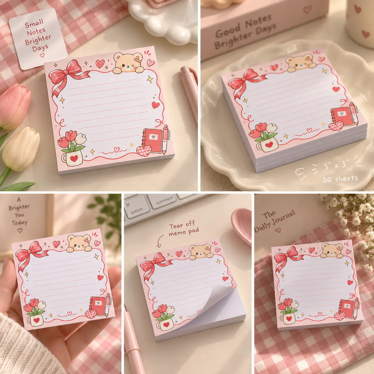 Bow Bear Memo Pad – Cute 3x3 Kawaii Lined Notepad, 50 Sheets, Tear-Off Notes for School, Work & Desk