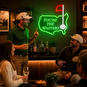 LED Neon Sign USA Map “YOU'RE THE MASTERS” – Bright Green Golf Wall Light, USB Powered, Transparent Acrylic, Perfect Gift for Home Bar, Game Room, Office, Man Cave