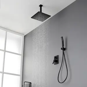 Ceiling Mounted Rain Shower System, Brushed Gold Luxury Brass Shower Faucet Set with 12 Inch Shower Head and Hand Shower(Including Rough-In Valve Body and Trim), Matte Black