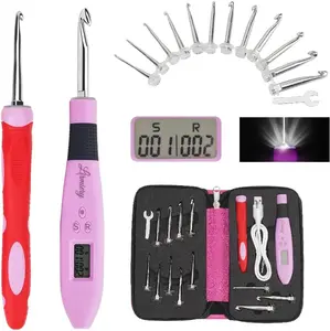Counting Crochet Hook Set Digital  Crochet Hook-LED and 2 Levels Brightness Dimmable Light Up Crochet Hooks& Digital Stitch Counter,Beginner Knitting Kit with 12 Interchangeable Crochet Hooks