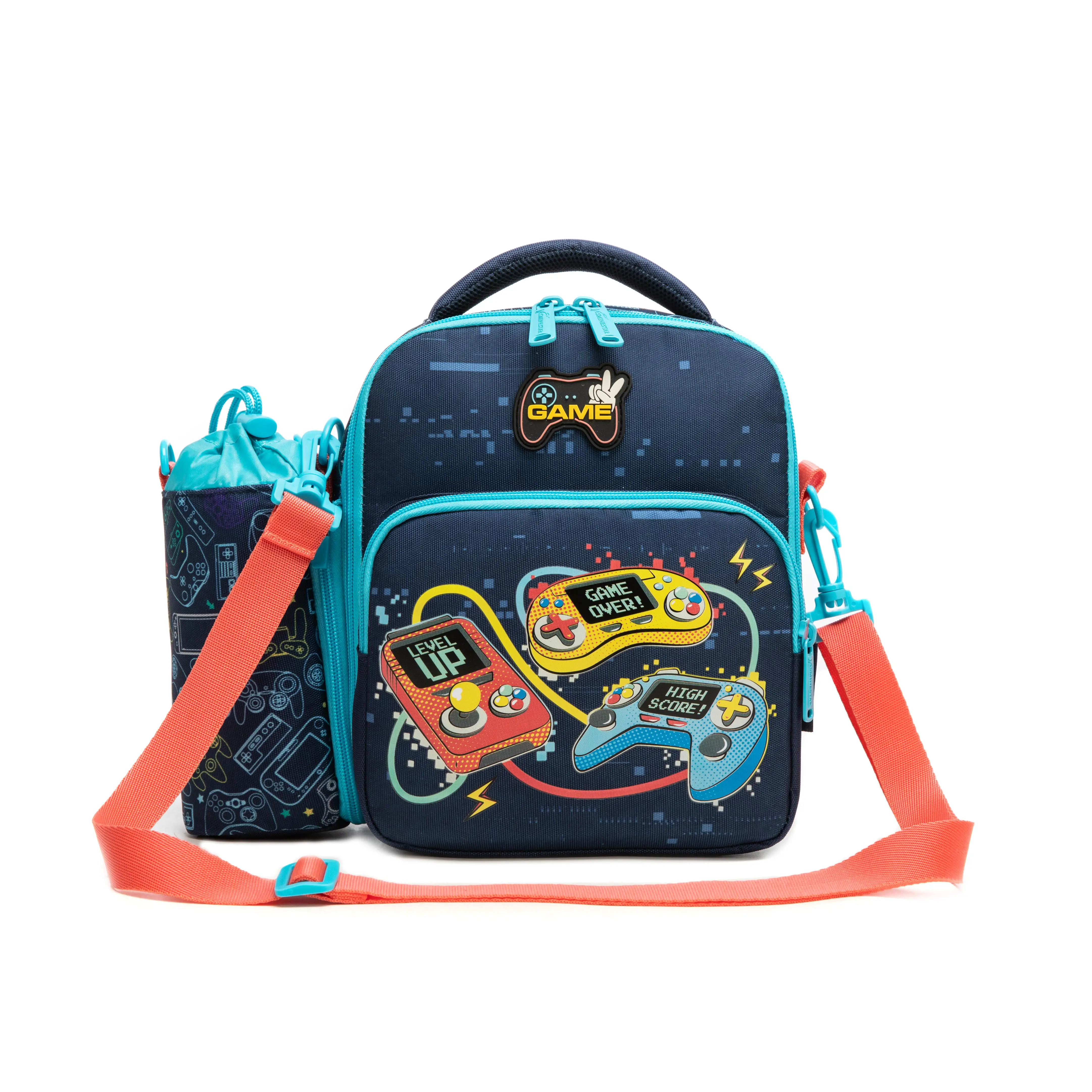 Leakproof Insulated Lunch Bag for Boys - Navy & Neon Orange Retro Gaming Meal Tote with Modular Detachable Beverage Jacket & Adjustable Crossbody Shoulder Strap