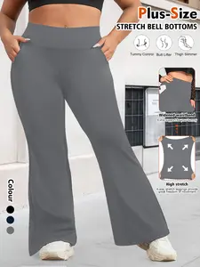 Women's Plus Size High Waist Wide Leg Pants, Womenswear Elastic Pocket Flare Trousers, All-Season Basic Casual Formal Wear, Elegant Comfortable Long Pants